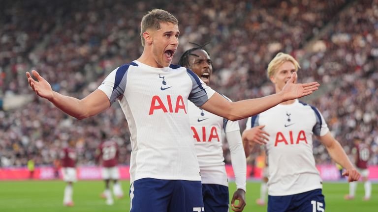 Micky van de Ven (left) celebrates after scoring Tottenham Hotspur's third goal