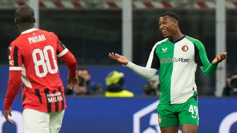 Zepiqueno Redmond during the Champions League game for Feyenoord against AC Milan at the San Siro