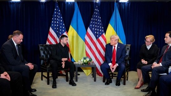 President of Ukraine Volodymyr Zelensky (L) speaks during a bilateral meeting with U.S. President Donald Trump at the 80th session of the UN General Assembly (Getty Images via AFP)
