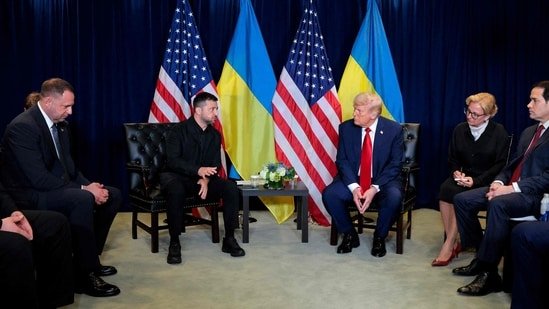 President of Ukraine Volodymyr Zelensky (L) speaks during a bilateral meeting with U.S. President Donald Trump at the 80th session of the UN General Assembly (Getty Images via AFP)