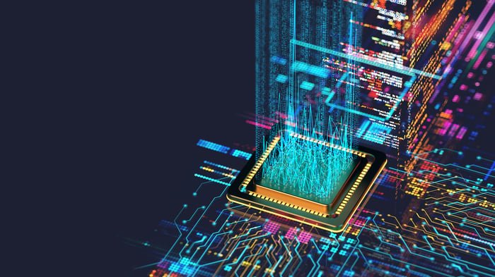 Abstract image of lights emitting from a chip on a circuit board, illustrating the artificial intelligence (AI) digital transformation.