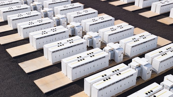 drone view of Tesla energy storage megapacks.