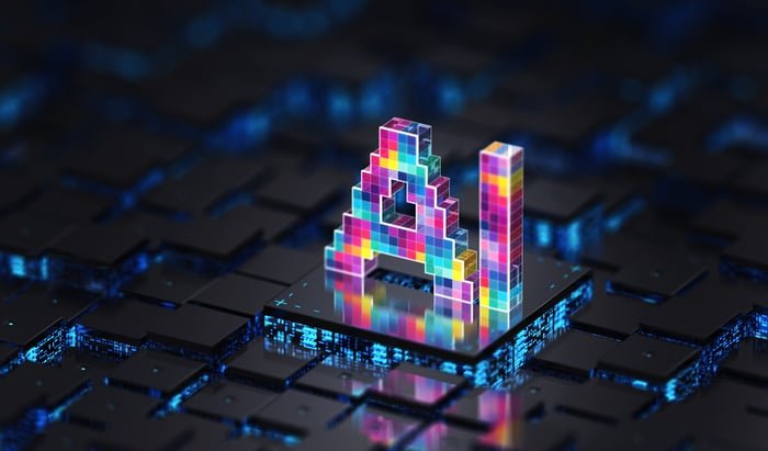 Lit-up squares spelling out AI on a computer chip.
