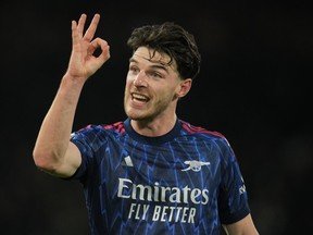 Arsenal's Declan Rice reacts during the Premier League match against Fulham.