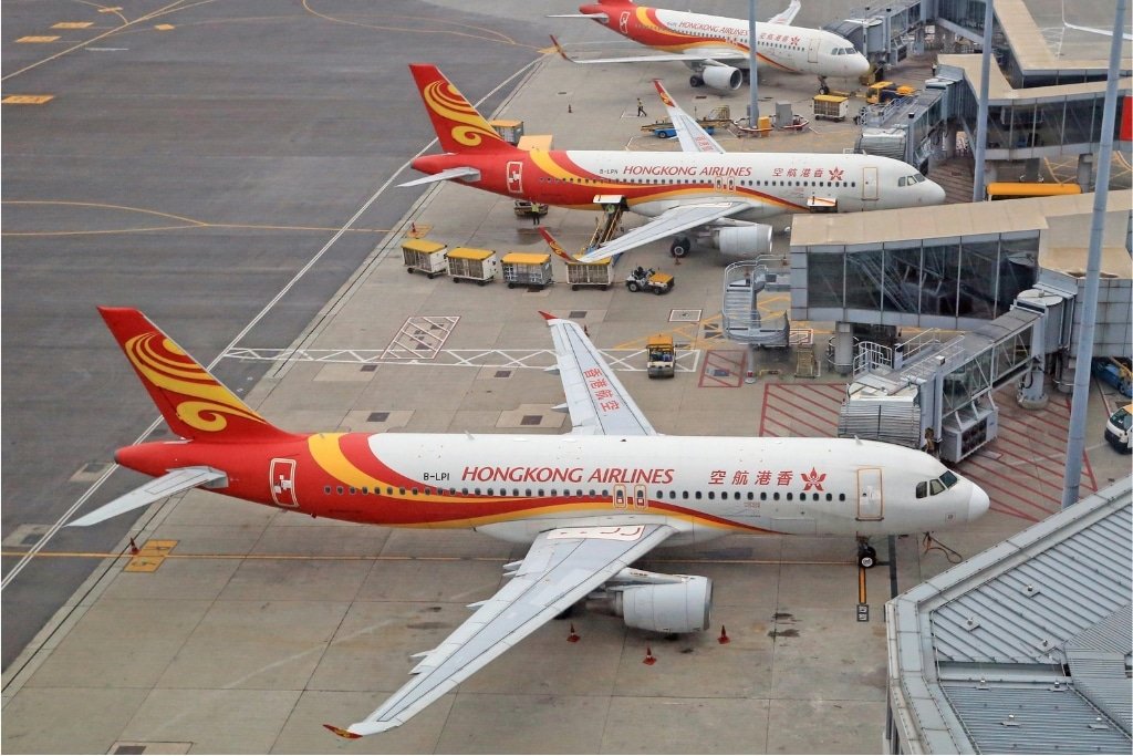 Commercial airplanes at the Hong Kong International Airport.