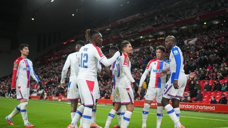 Crystal Palace players celebrate after a goal during the English...