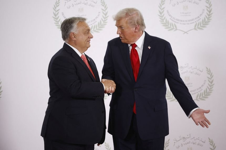 US President Donald Trump and Orbán shake hands at a summit on ending the war in Gaza, in Sharm el-Sheikh, Egypt, October 13.