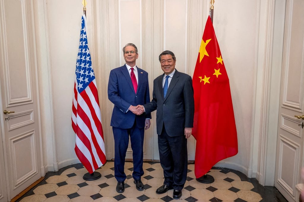 US Treasury Secretary Scott Bessent (left) shakes hands with Chinese Vice-Premier He Lifeng during a bilateral meeting between the US and China in Geneva in May. Photo: Reuters