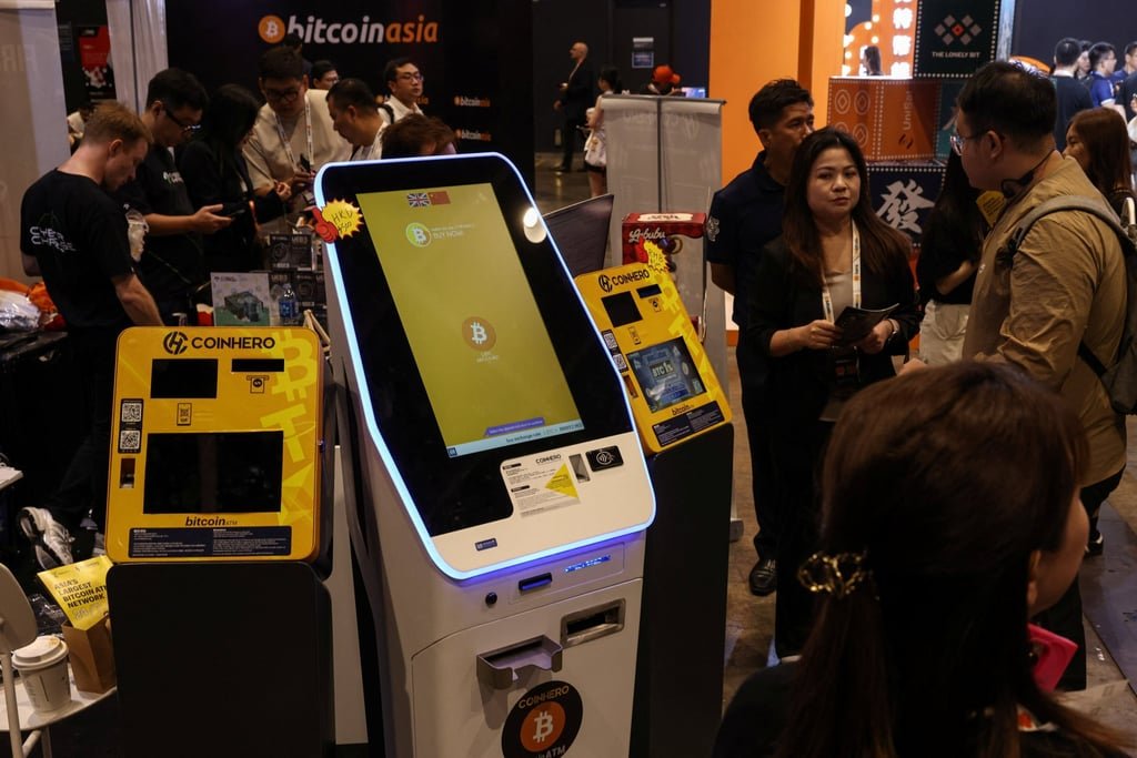 Cryptocurrency ATM machines are displayed at the Bitcoin Asia conference in Hong Kong in August this year. Photo: Reuters