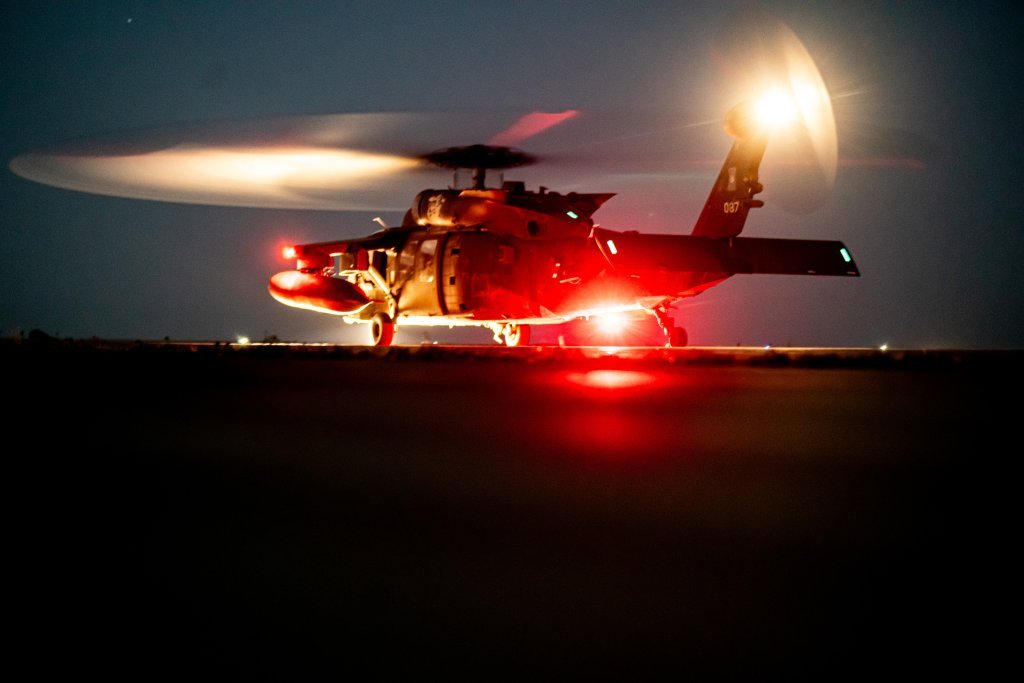 Paratroopers assigned to "Cavemen" Bravo Company, 2-82 Aviation Regiment, 82nd Combat Aviation Brigade, 82nd Airborne Division prepare and take off for night flight on April 24, 2024. The Black Hawk is the military's most versatile helicopter, suited for a variety of missions, including command and control, air assaults, medical evacuations, and lift operations. (U.S. Army photo by Sgt. Vincent Levelev)