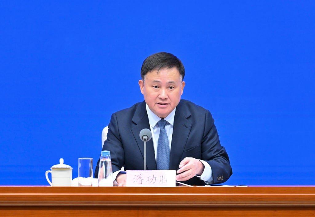 Pan Gongsheng, governor of the People’s Bank of China, speaks at a press conference last month in Beijing. Photo: Xinhua