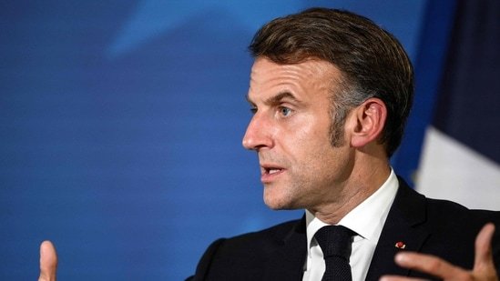 France's President Emmanuel Macron speaks during a press conference as part of the European Council meeting gathering the 27 EU leaders to discuss Ukraine,(AFP)