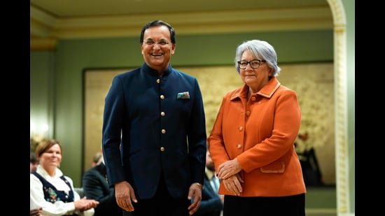 Dinesh Kumar Patnaik, High Commissioner for India, presents his credentials to Governor General Mary Simon during a Letters of Credence Ceremony at Rideau Hall in Ottawa, Canada, on Wednesday. (AP)