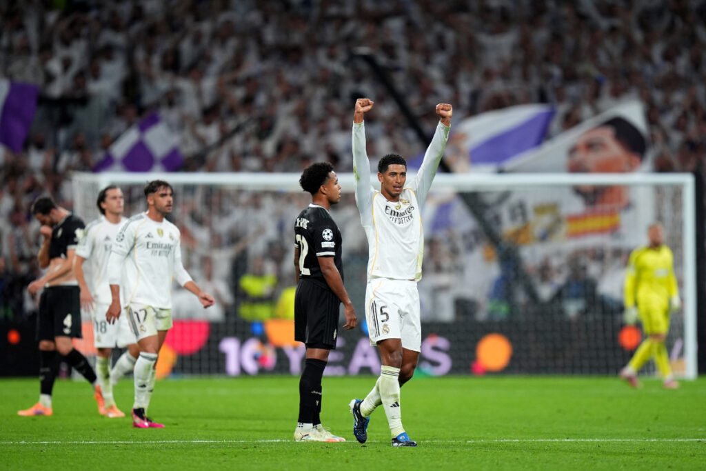 MADRID, SPAIN - OCTOBER 22: Jude Bellingham of Real Madrid celebrates scoring his team's first goal during the UEFA Champions League 2025/26 League Phase MD3 match between Real Madrid C.F. and Juventus at Estadio Santiago Bernabeu on October 22, 2025 in Madrid, Spain. (Photo by Angel Martinez/Getty Images)