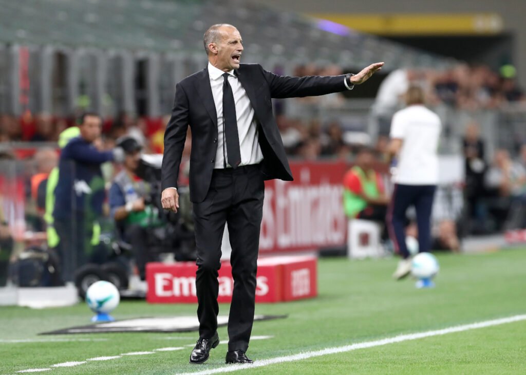 MILAN, ITALY - AUGUST 23: Massimiliano Allegri, Head Coach of AC Milan, gestures during the Serie A match between AC Milan and US Cremonese at Giuseppe Meazza Stadium on August 23, 2025 in Milan, Italy. (Photo by Marco Luzzani/Getty Images)