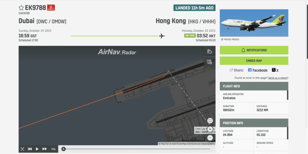 Flight data of the crashed cargo flight, showing the flight abruptly ended on the side of the runway.