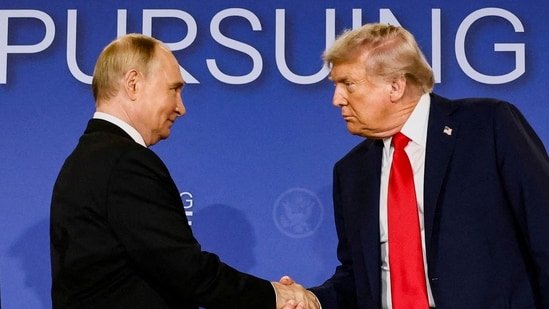 US President Donald Trump and Russian President Vladimir Putin shake hands during a press conference following their meeting to negotiate an end to the war in Ukraine, at Joint Base Elmendorf-Richardson, in Anchorage, Alaska, U.S., August 15, 2025.(Reuters)
