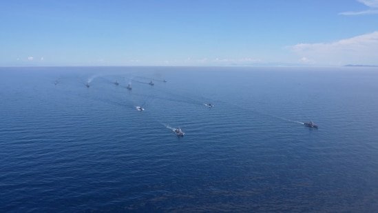An aerial view shows Russian warships and submarines during major naval drills conducted by the Russian Navy in the Pacific and Arctic oceans and in the Baltic and Caspian seas(For representation/REUTERS)