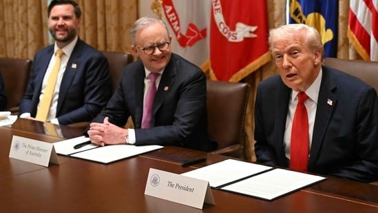 Australia's Prime Minister Anthony Albanese (C) and Vice President JD Vance (L) listen to President Donald Trump (R) speak in the Cabinet Room at the White House in Washington, DC, on October 20, 2025. (AFP)