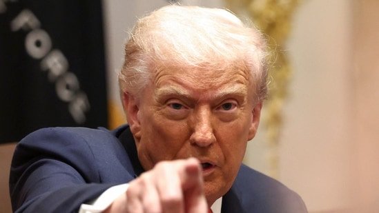 US President Donald Trump gestures during a meeting with Australia's Prime Minister Anthony Albanese in the Cabinet Room at the White House, in Washington, D.C., U.S.(REUTERS)