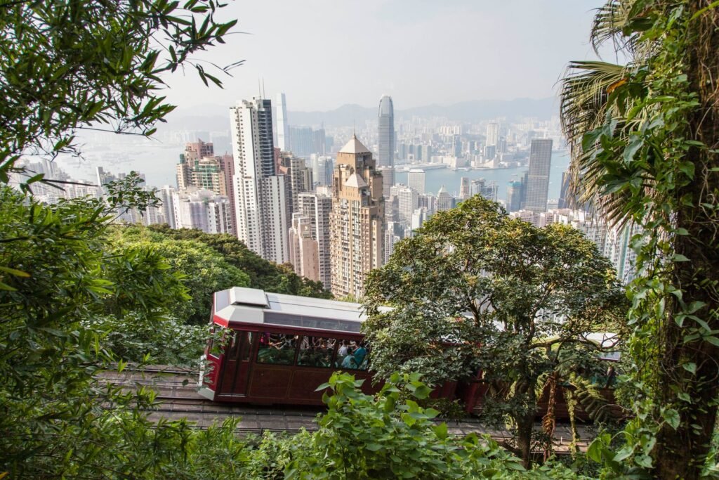 The famous Peak Tram and the Hong Kong skyline from The Peak.