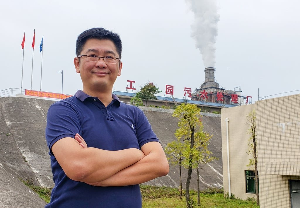 Sunny Yip Yuk-chik poses in front of his sewage treatment plant in Zhaoqing on October 9, 2019. Photo: Handout