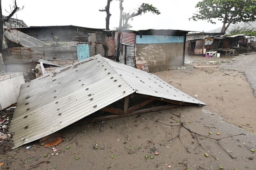 A torn off roof is seen in St. Catherine, Jamaica, on Tuesday.
