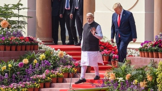 File image of Prime Minister Narendra Modi and US President Donald Trump at Hyderabad House in Delhi(PTI)