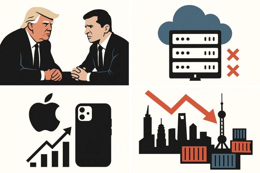 Trump presses Zelenskyy on Russia terms, AWS outage disrupts web, Apple nears $4T, China growth slows amid trade tensions.
