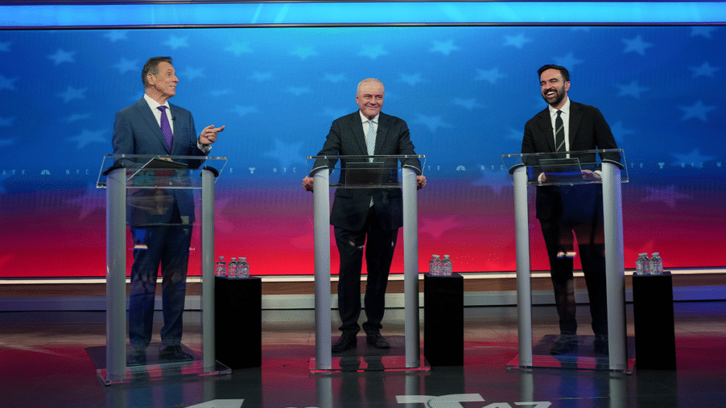 NYC debate candidates stand behind podiums