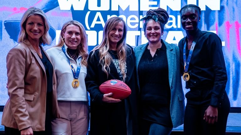 (Left to right) Jacqui Oatley, Phoebe Schecter, Jacquelyn Dahl, Afia Law, Jochebed Frimpong (Credit: NFL)