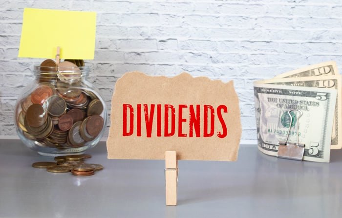 Jar of coins and stack of dollar bills with a sign reading “DIVIDENDS.”