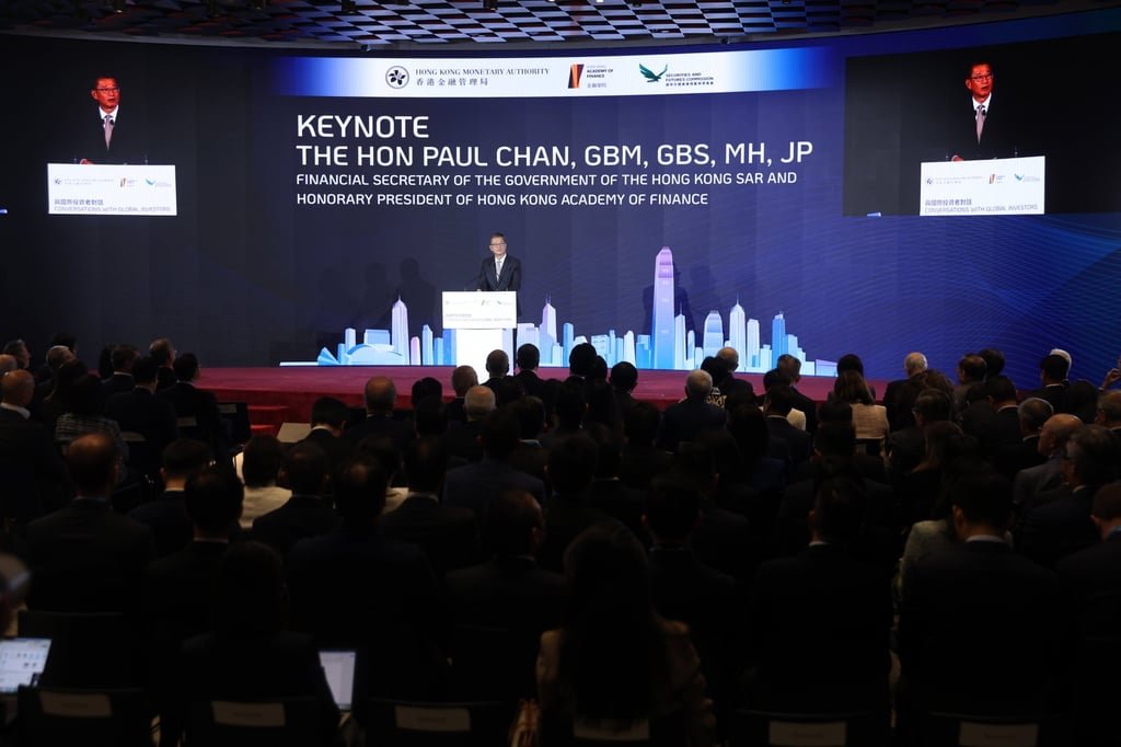 Financial Secretary Paul Chan Mo-Po delivers the keynote at the 2025 Global Financial Leaders’ Investment Summit on Wednesday. Photo: Edmond So