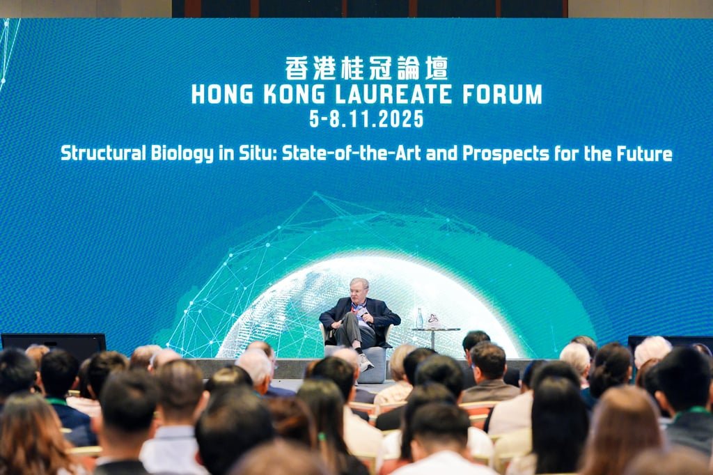 German molecular biologist Wolfgang Baumeister, 2025 Shaw Prize winner in life sciences and medicine, speaks at the Hong Kong Laureate Forum on Wednesday. Photo: Handout