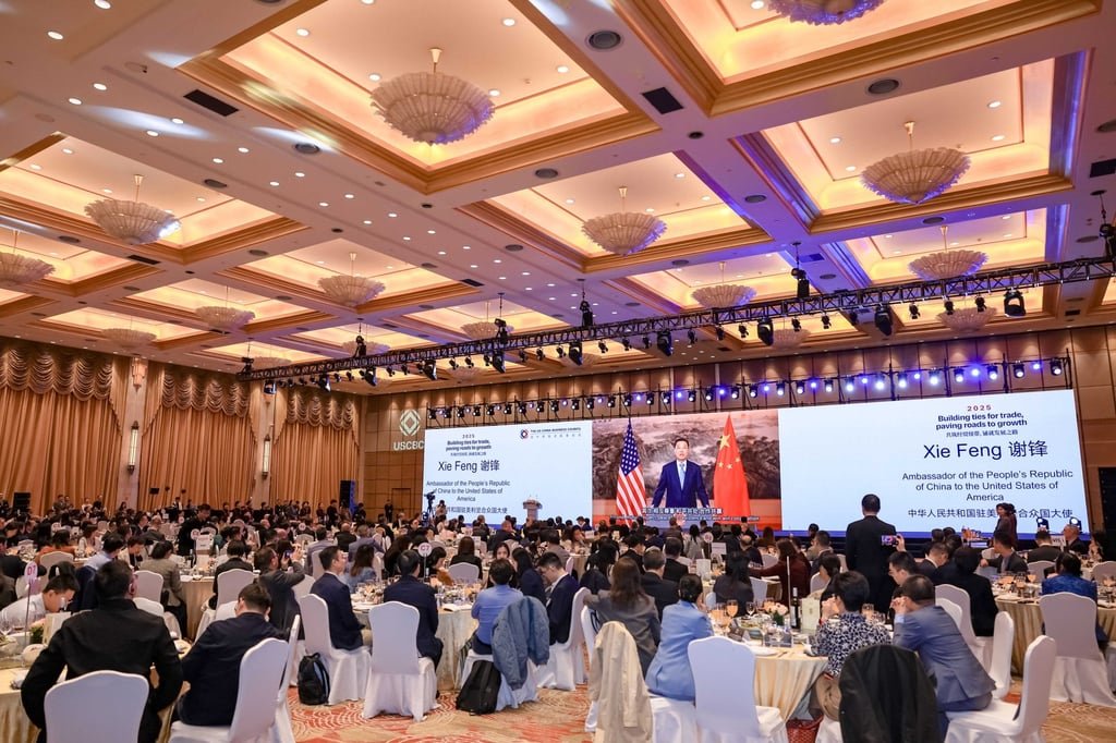 China’s top envoy to the US speaks by video link during the US-China Business Council’s annual conference in Shanghai on Monday. Photo: Handout