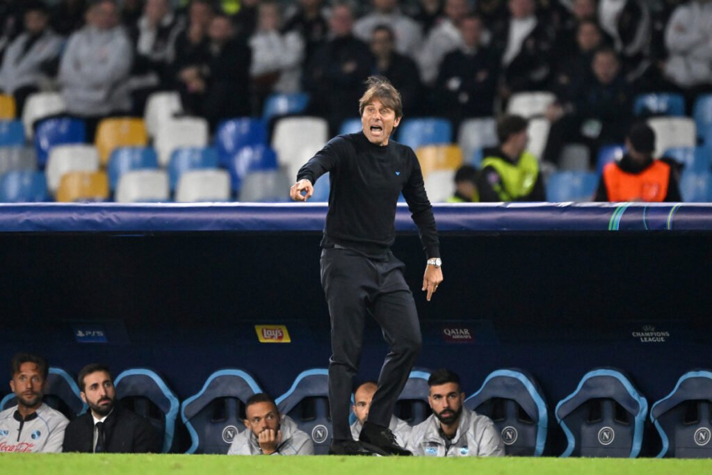 NAPLES, ITALY - NOVEMBER 04: Antonio Conte SSC Napoli head coach reacts during the UEFA Champions League 2025/26 League Phase MD4 match between SSC Napoli and Eintracht Frankfurt at Stadio Diego Armando Maradona on November 04, 2025 in Naples, Italy. (Photo by Francesco Pecoraro/Getty Images)