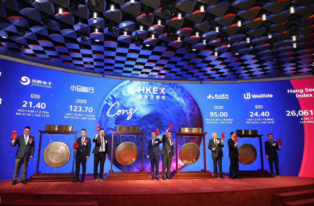 The executives of Ningbo Joyson Electronic, Pony.ai, Vigonvita Life Sciences and WeRide at the gong-striking ceremony to mark the listings of their companies on the Hong Kong stock exchange on Thursday. Photo: Nora Tam